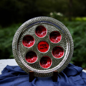 Passover Seder Plate | Hammered look metal - Silver with Red Enamel